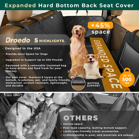 DROEDO Dog Car Seat Cover for Back Seat,Sturdy Hard Bottom Dog Car Seat Extender Supports Up to 500 Pounds,Waterproof Dog Car Hammock for Car SUV Truck