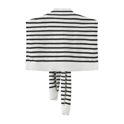 Women's Black and White Striped Sweater Scarf, Shawl Wrap with Sleeves, Over Shoulder Knit Cape Cardigan, Travel Wrap