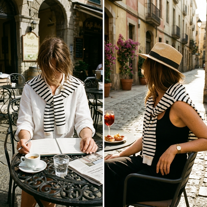 Women's Black and White Striped Sweater Scarf, Shawl Wrap with Sleeves, Over Shoulder Knit Cape Cardigan, Travel Wrap